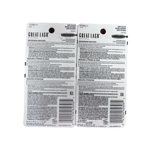 Maybelline Great Lash Waterproof Mascara 111 Very Black Lot Of 2 Thickens Condit - Picture 2 of 2